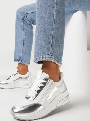 Biało-Srebrne Sznurowane Sneakersy na Grubej Podeszwie z Błyszczącymi Wstawkami i Suwakiem Revilinsa