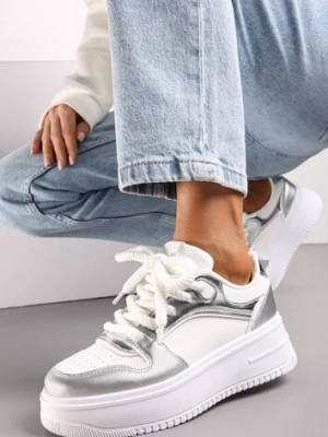 Biało-Srebrne Sznurowane Sneakersy na Platformie z Metalicznymi Wstawkami Arileva