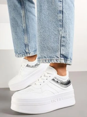Biało-Srebrne Sznurowane Sneakersy Vices na Grubej Podeszwie Ozdobiona Napisem Annalira