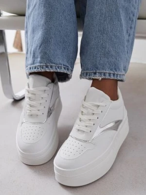 Biało-Srebrne Sznurowane Sneakersy Vices na Platformie z Metalicznymi Paskami Neliawen