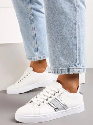Biało-Srebrne Sznurowane Sneakersy z Ekoskóry z Metalicznymi Wstawkami i Brokatem Lirinea