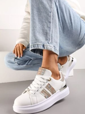 Biało-Szampańskie Sneakersy na Niewysokiej Platformie z Brokatowymi Wstawkami Renallsa