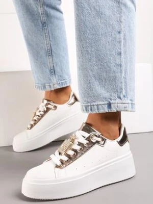 Biało-Szampańskie Sneakersy z Metaliczną Ozdobą z Cyrkoniami przy Sznurówkach Awenttes