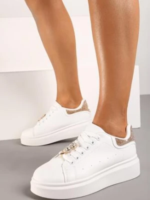 Biało-Szampańskie Sneakersy za Kostkę na Grubej Podeszwie z Cyrkoniami i Metalowymi Aplikacjami Helalia