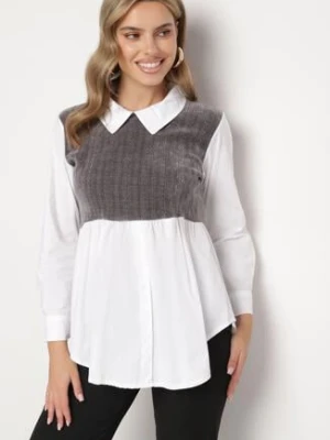 Biało-Szara Bluzka Koszulowa z Bawełną Połączona z Dzianinową Kamizelką Etamaris j studio