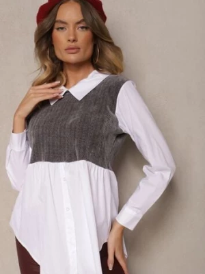 Biało-Szara Bluzka z Bawełną o Koszulowym Kroju Połączona z Dzianinową Kamizelką Etavielis j studio