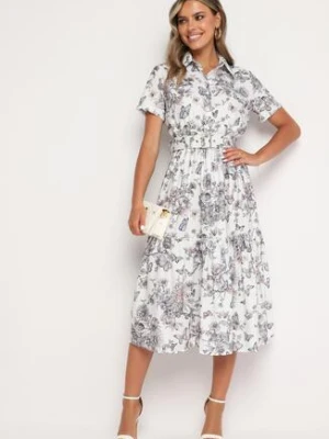 Biało-Szara Koktajlowa Sukienka w Kwiaty z Gumką w Talii i Ozdobnym Paskiem Vimaretta elsa.m by may