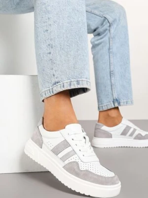 Biało-Szare Płaskie Sneakersy ze Skóry Naturalnej Ozdobione Paskami i Perforacją Floriwa