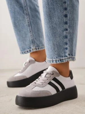 Biało-Szare Skórzane Sneakersy na Grubej Podeszwie Ozdobione Paskami i Perforacją Wiefia goodin