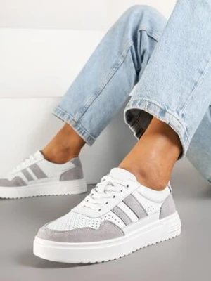 Biało-Szare Skórzane Sneakersy na Płaskiej Podeszwie z Perforacją i Ozdobione Paskami Terili