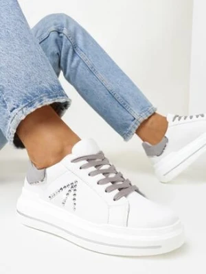 Biało-Szare Sneakersy na Grubej Podeszwie w Cyrkonie Rizafine