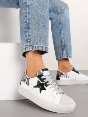 Biało-Szare Sneakersy na Grubej Podeszwie Zdobione Brokatem Felthara