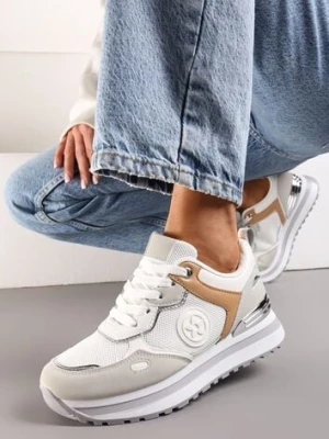 Biało-Szare Sneakersy na Niskiej Platformie z Metalicznym Paskiem za Kostkę Dapphira