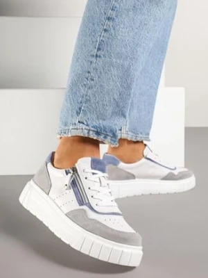 Biało-Szare Sneakersy Skórzane z Ozdobnym Suwakiem Tillirella