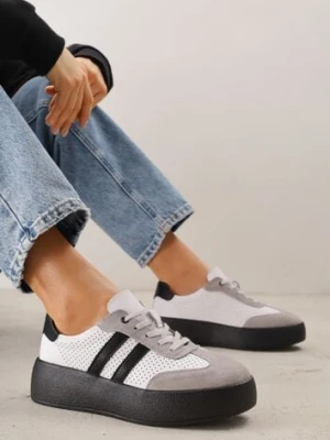 Biało-Szare Sneakersy ze Skóry Naturalnej na Platformie z Perforacją i Paskami Urevla goodin