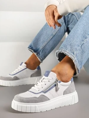Biało-Szare Sneakersy ze Skóry Naturalnej z Ozdobnym Suwakiem Tilliraya