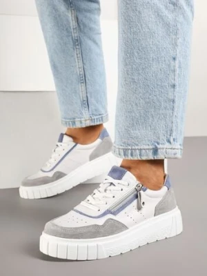 Biało-Szare Streetwearowe Sneakersy ze Skóry Naturalnej z Ozdobnym Suwakiem Eleavenna goodin