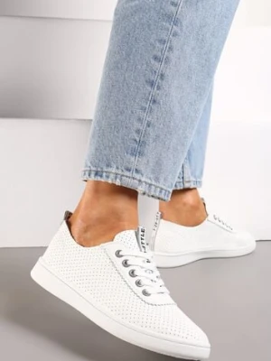 Biało-Szare Tenisówki Ozdobione Taśmą z Napisem na Języku i Pięcie Cholewka z Perforacją Aelita