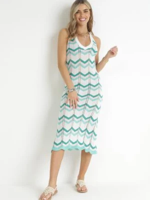 Biało-Zielona Ażurowa Sukienka Midi z Wiązaniem na Szyi Minelis rosa