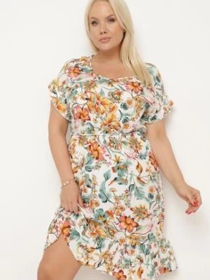 Biało-Zielona Bawełniana Sukienka w Kwiaty o Pudełkowym Fasonie ze Sznurkiem w Talii Risallise generation