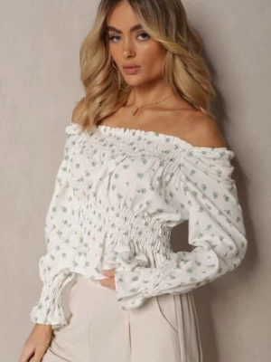 Biało-Zielona Bluzka z Falbankami przy Rękawach Wykończona Gumką w Pasie Naliaria j&x