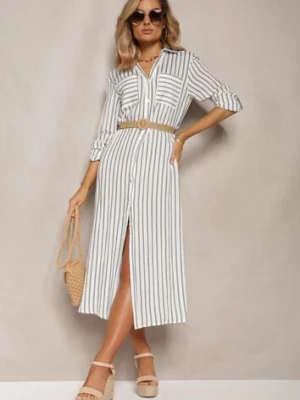 Biało-Zielona Koszulowa Sukienka Midi w Paski z Lnem i Plecionym Paskiem Efordia melya by melody