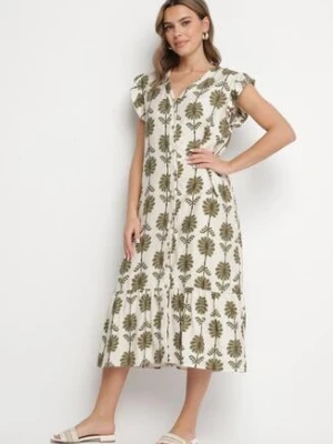 Biało-Zielona Kwiatowa Sukienka z Bawełną i Falbanką Efanelia rosa