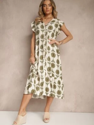 Biało-Zielona Rozkloszowana Sukienka w Kwiaty z Bawełną Efalithea rosa