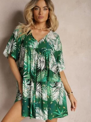 Biało-Zielona Sukienka o Rozkloszowanym Kroju z Falbanką i Trójkątnym Dekoltem Tiamaya n.every day