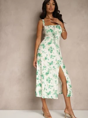 Biało-Zielona Sukienka w Kwiatowy Wzór z Kwadratowym Dekoltem Firaseve lovery