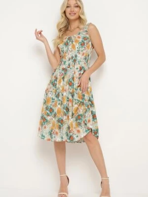 Biało-Zielona Sukienka w Kwiaty na Ramiączkach z Gumką w Talii i Falbankami Ozdobiona Guzikami Zilvia airisa