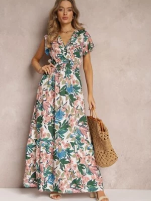 Biało-Zielona Sukienka z Wiskozy Maxi w Kwiaty Mahiza