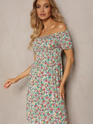 Biało-Zielona Wiskozowa Sukienka Hiszpanka w Kwiatowy Wzór Pialara cflo