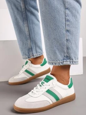 Biało-Zielone Płaskie Skórzane Sneakersy Ozdobione Paskami Navilen
