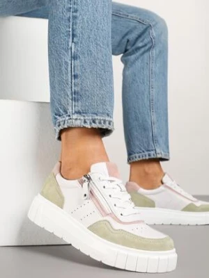 Biało-Zielone Skórzane Sneakersy w Streetwearowym Stylu Zdobione Suwakiem Elearessa
