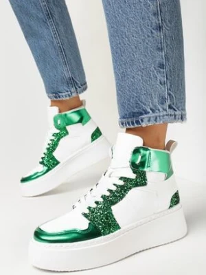 Zdjęcie produktu Biało-Zielone Sneakersy na Grubej Płaskiej Podeszwie z Cholewką za Kostkę Ozdobione Brokatem i Metalicznymi Wstawkami Byreli