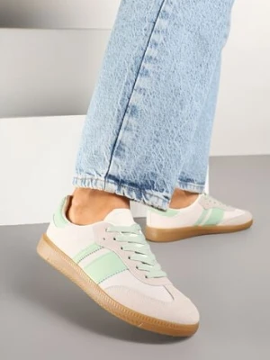 Biało-Zielone Sneakersy na Kauczukowej Podeszwie Ozdobione Paskami Emidi