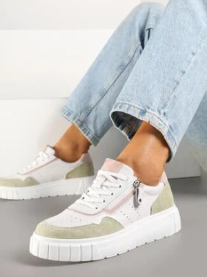 Biało-Zielone Sneakersy Skórzane z Ozdobnym Suwakiem Tillirella badoxx