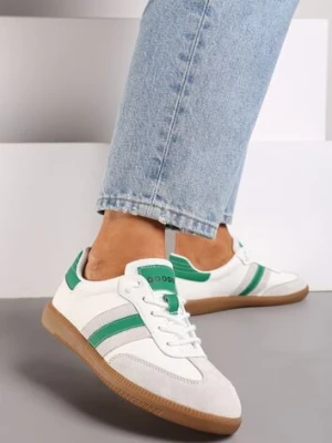 Biało-Zielone Sneakersy ze Skóry Naturalnej na Płaskiej Podeszwie Wykończone Paskami Navinda