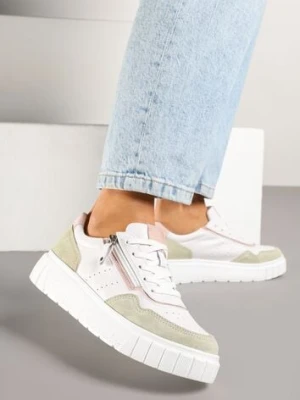 Biało-Zielone Sneakersy ze Skóry Naturalnej z Ozdobnym Suwakiem Tilliraya badoxx