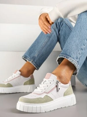 Biało-Zielone Streetwearowe Sneakersy ze Skóry Naturalnej z Ozdobnym Suwakiem Eleavenna