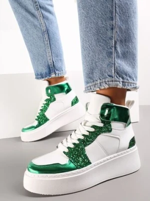 Biało-Zielone Sznurowane Sneakersy za Kostkę z Brokatem i Metalicznymi Wstawkami Sareena
