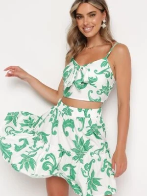 Biało-Zielony Komplet Krótki Top na Ramiączkach Spódnica w Kwiaty Tiamaly