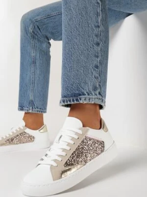 Biało-Złote Kolorowe Sneakersy z Brokatową Wstawką i Sznurowaniem Livora
