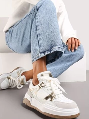 Biało-Złote Płaskie Casualowe Sneakersy ze Sznurowaniem i Transparentnym Elementem z Tyłu Gamarie
