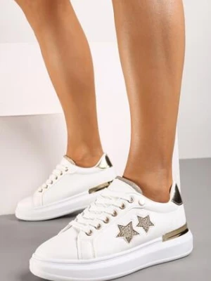 Biało-Złote Płaskie Sneakersy z Gwiazdkami i Metalicznymi Wstawkami Jalelia
