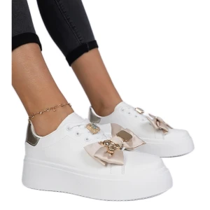 Biało-złote sneakersy damskie z kokardą białe Inna marka