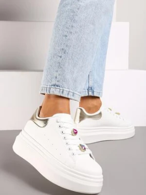 Biało-Złote Sneakersy na Grubej Podeszwie Ozdobione Metalicznymi Aplikacjami Nevelina