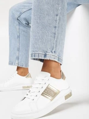 Biało-Złote Sneakersy na Grubej Podeszwie z Cyrkoniami i Metalicznymi Wstawkami Arelai