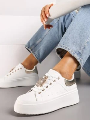 Biało-Złote Sneakersy na Grubej Podeszwie z Metaliczną Aplikacją i Cyrkoniami Loraria